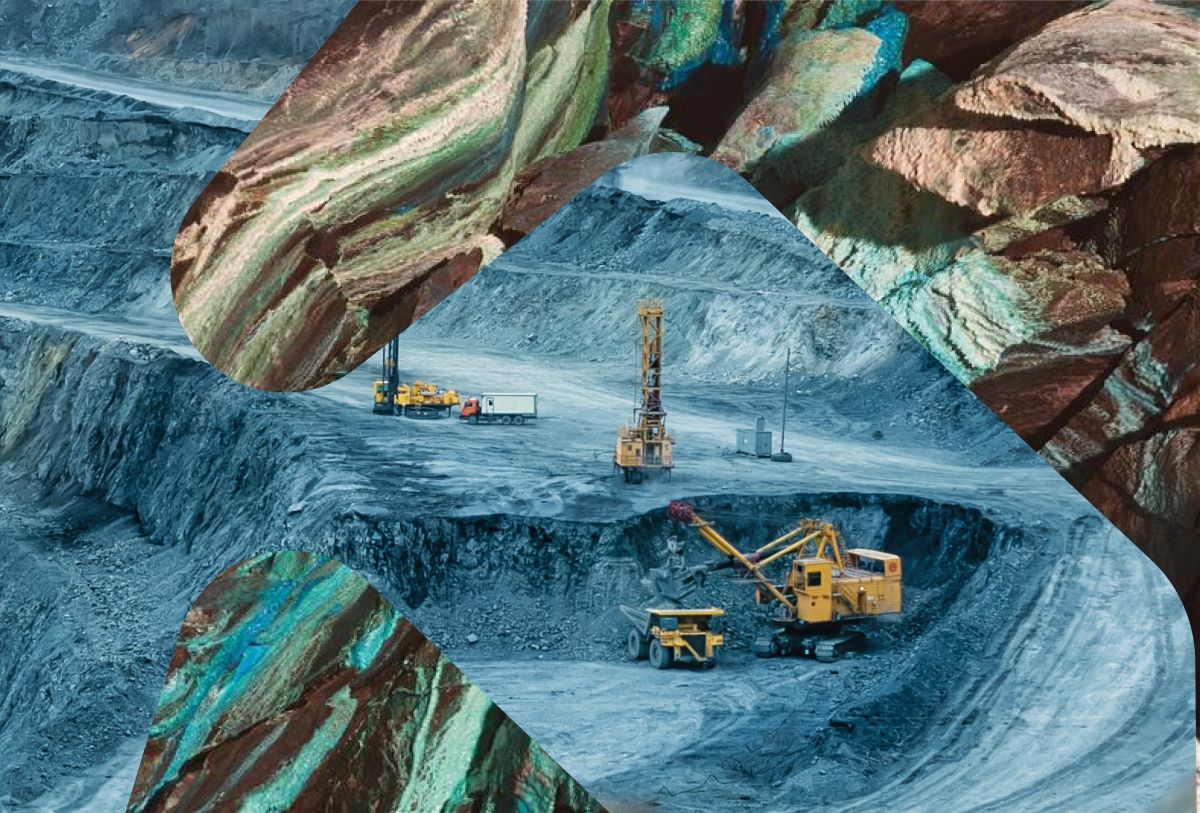 Gravemaskiner i grått fjell der det foretas gruvedrift kombinert med bilde av brungrønt mineral